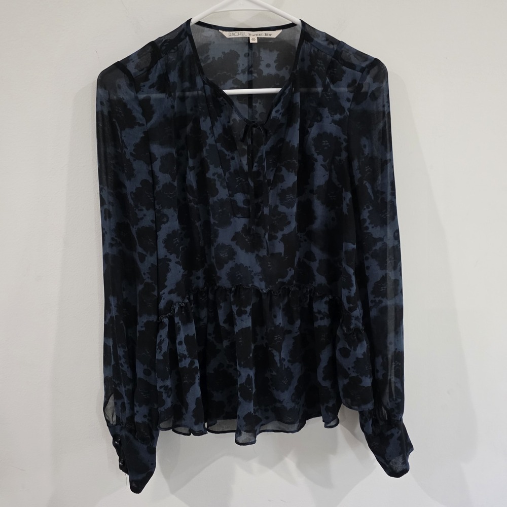 Womens Sheer Floral Top Size Xs Blue Peasant Boho Ruffle